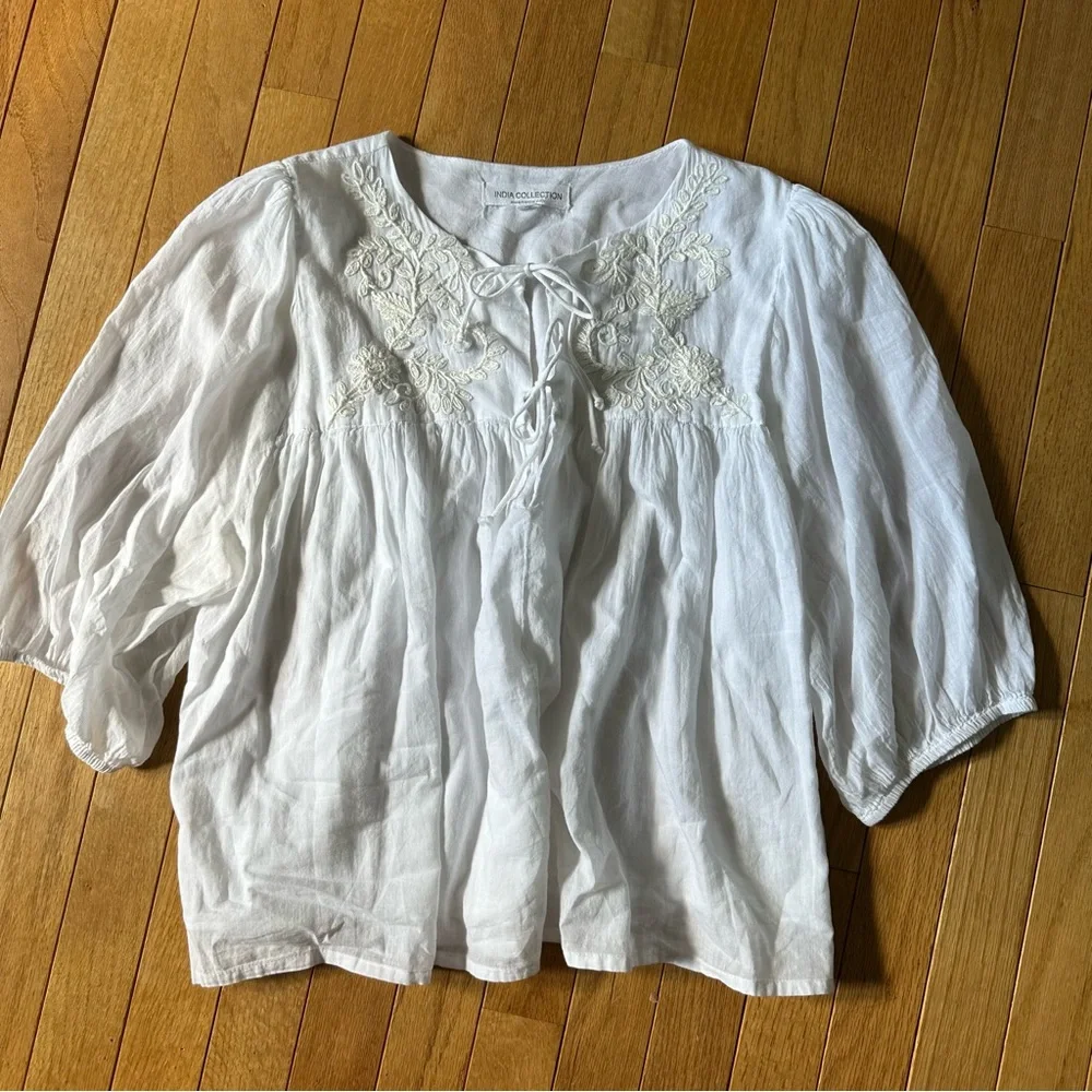 India Collection Emerson Fry Organic Cotton Embroidered Tie Front Top Womens - Picture 12 of 14